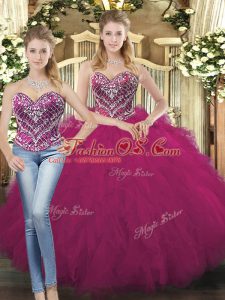 Floor Length Fuchsia 15th Birthday Dress Organza Sleeveless Beading and Ruffles