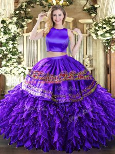 Two Pieces Quinceanera Gowns Purple High-neck Tulle Sleeveless Floor Length Criss Cross