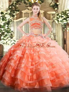 Orange Red Backless Sweet 16 Dresses Beading and Ruffled Layers Sleeveless Floor Length