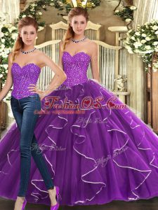 Affordable Sleeveless Floor Length Beading and Ruffles Lace Up Quince Ball Gowns with Eggplant Purple