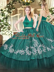 High Quality Dark Green Sleeveless Appliques Floor Length Quince Ball Gowns