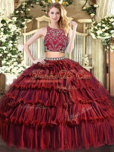 Top Selling Burgundy Tulle Zipper High-neck Sleeveless Floor Length Quinceanera Dress Beading and Ruffled Layers