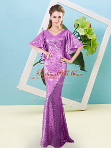 Fitting Lilac V-neck Neckline Sequins Prom Gown Half Sleeves Zipper