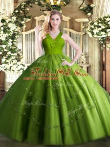 Ball Gowns Quince Ball Gowns Olive Green V-neck Tulle Sleeveless Floor Length Zipper