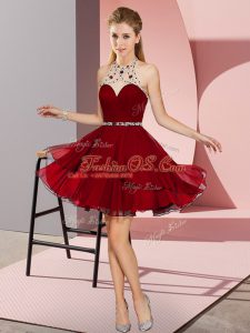 Burgundy Empire Chiffon Halter Top Sleeveless Beading Mini Length Zipper Dress for Prom