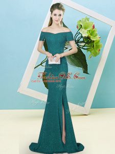 Fitting Turquoise Sequined Zipper Prom Party Dress Short Sleeves Sweep Train Sequins