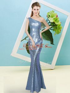 Edgy Floor Length Zipper Prom Gown Baby Blue for Prom and Party with Sequins
