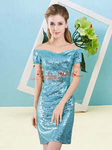 Luxurious Sequins Prom Gown Aqua Blue Zipper Short Sleeves Mini Length