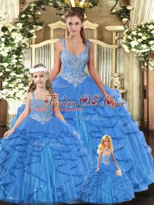 Romantic Aqua Blue Straps Neckline Beading and Ruffles Vestidos de Quinceanera Sleeveless Lace Up