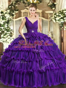 Purple Ball Gowns V-neck Sleeveless Organza Floor Length Backless Beading and Ruffled Layers Quinceanera Gowns