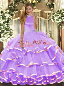 Lavender Halter Top Neckline Beading and Ruffled Layers Quince Ball Gowns Sleeveless Backless