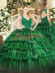 Classical Floor Length Dark Green Sweet 16 Dresses Organza Sleeveless Beading and Lace and Ruffled Layers