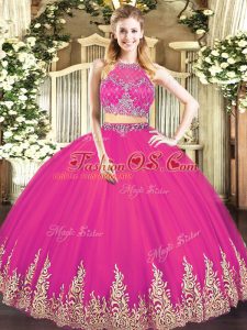 Dynamic Scoop Sleeveless 15th Birthday Dress Floor Length Beading and Appliques Hot Pink Tulle
