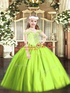 Beauteous Sleeveless Floor Length Beading Lace Up Pageant Dress Womens with Yellow Green
