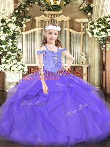 High Quality Floor Length Lavender Pageant Gowns For Girls Tulle Sleeveless Beading and Ruffles