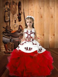 Straps Sleeveless Pageant Dress for Teens Floor Length Embroidery and Ruffles Red Organza