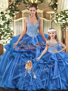 Blue Lace Up Straps Beading and Ruffles 15th Birthday Dress Tulle Sleeveless