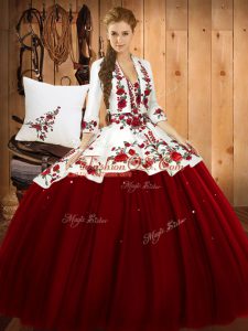 Charming Wine Red Ball Gowns Sweetheart Sleeveless Satin and Tulle Floor Length Lace Up Embroidery Vestidos de Quinceanera