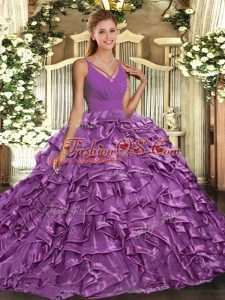 High End Lavender Ball Gowns Beading and Ruffles Quinceanera Gowns Backless Taffeta Sleeveless Floor Length
