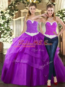 Admirable Purple Tulle Lace Up Sweetheart Sleeveless Floor Length Vestidos de Quinceanera Beading and Ruching