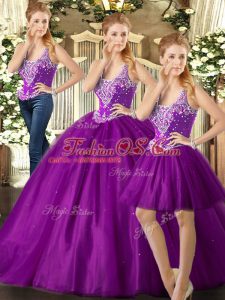 Floor Length Purple Sweet 16 Dresses Tulle Sleeveless Beading