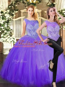 Flirting Eggplant Purple Ball Gowns Scoop Sleeveless Tulle Floor Length Zipper Beading Quinceanera Dresses