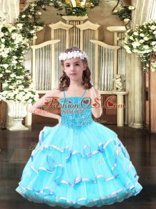 Aqua Blue Pageant Dress for Teens Party with Beading and Ruffled Layers Spaghetti Straps Sleeveless Lace Up