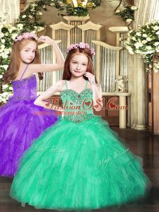 Custom Fit Ball Gowns Little Girls Pageant Dress Turquoise Spaghetti Straps Tulle Sleeveless Floor Length Lace Up