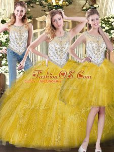 Yellow Sleeveless Beading and Ruffles Floor Length Quinceanera Dress