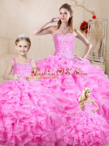 Dazzling Rose Pink Ball Gowns Sweetheart Sleeveless Organza Floor Length Lace Up Beading and Ruffles Sweet 16 Dress