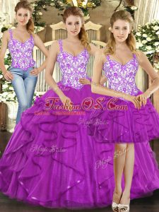 Low Price Fuchsia 15 Quinceanera Dress Military Ball and Quinceanera with Beading and Ruffles Straps Sleeveless Lace Up