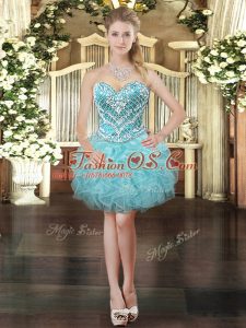 Aqua Blue Ball Gowns Sweetheart Sleeveless Tulle Mini Length Lace Up Beading and Ruffles Evening Dress