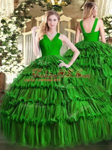 Dark Green Ball Gowns V-neck Sleeveless Organza Floor Length Zipper Ruffled Layers Sweet 16 Dress