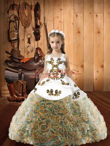 Wonderful Floor Length Multi-color Little Girls Pageant Dress Fabric With Rolling Flowers Sleeveless Embroidery
