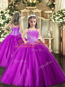 Straps Sleeveless Girls Pageant Dresses Floor Length Beading Purple Tulle