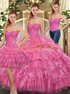 Great Rose Pink Sleeveless Organza Lace Up 15th Birthday Dress for Military Ball and Sweet 16 and Quinceanera