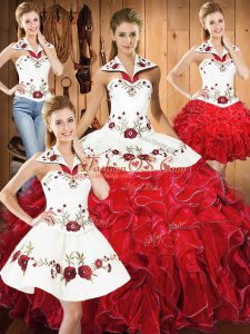 Sleeveless Floor Length Embroidery and Ruffles Lace Up Vestidos de Quinceanera with White And Red