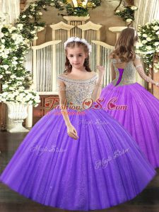 Enchanting Lavender Lace Up Little Girls Pageant Gowns Beading Sleeveless Floor Length