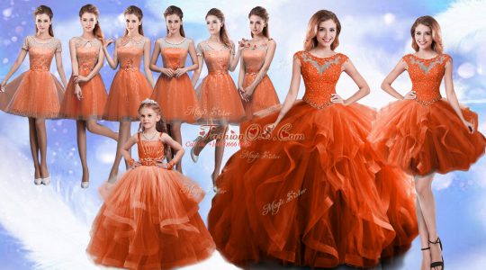 Rust Red Lace Up Scoop Beading and Ruffles 15th Birthday Dress Organza Sleeveless