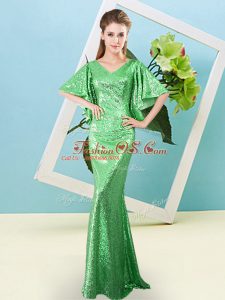 Sophisticated Green Half Sleeves Sequined Zipper Dress for Prom for Prom and Party