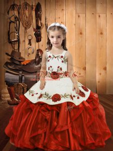 Wonderful Red Little Girls Pageant Dress Sweet 16 and Quinceanera with Ruffles Straps Sleeveless Lace Up