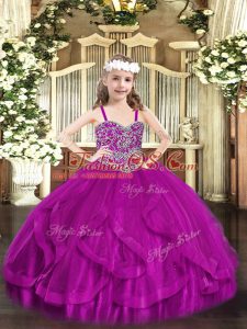 Beautiful Fuchsia Tulle Lace Up Straps Sleeveless Floor Length Custom Made Pageant Dress Beading and Ruffles