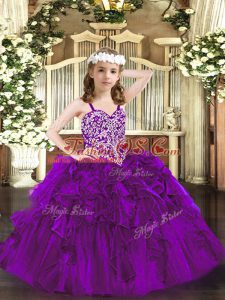 Adorable Ball Gowns Pageant Dress for Teens Purple Straps Organza Sleeveless Floor Length Lace Up