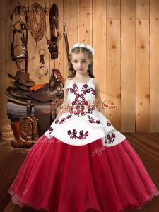 Perfect Coral Red Ball Gowns Embroidery Little Girls Pageant Dress Lace Up Organza Sleeveless Floor Length