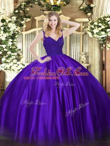 V-neck Sleeveless 15th Birthday Dress Floor Length Beading Purple Taffeta