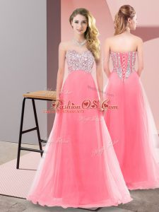 Amazing Sleeveless Floor Length Beading Lace Up Wedding Guest Dresses with Watermelon Red