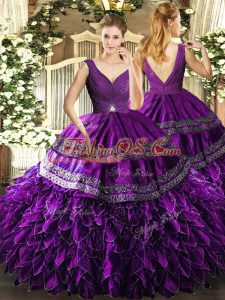 Eggplant Purple Sleeveless Floor Length Beading and Ruffles and Ruching Backless Quinceanera Gown