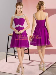 Traditional Fuchsia Evening Dress Prom and Party with Beading Scoop Cap Sleeves Lace Up