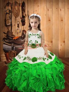 Straps Sleeveless Little Girl Pageant Dress Floor Length Embroidery and Ruffles Green Organza