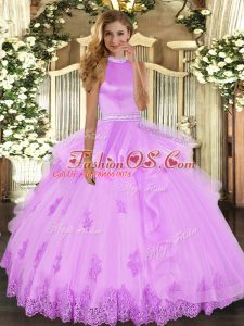 Flare Halter Top Sleeveless Backless Quince Ball Gowns Lilac Tulle